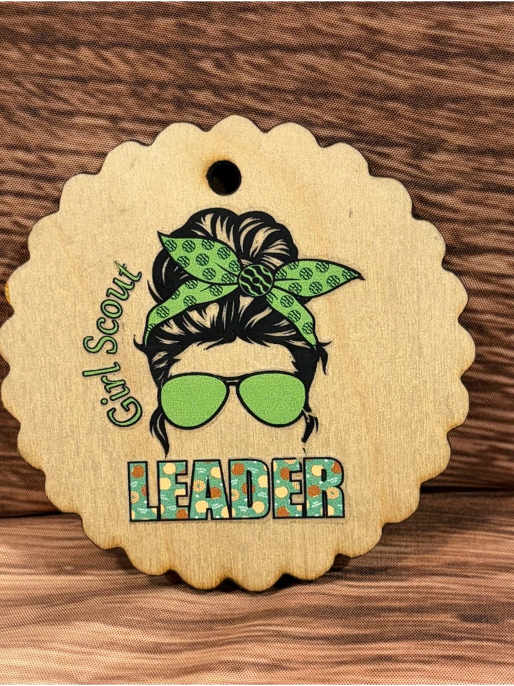 Girl Scout Leader Wood Ornament with Green Accents